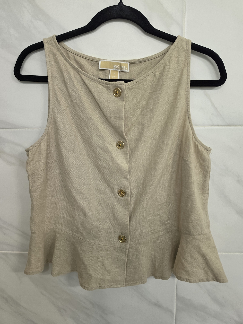 Michael Kors Beige Linen-Blend Sleeveless Button Peplum Camisole